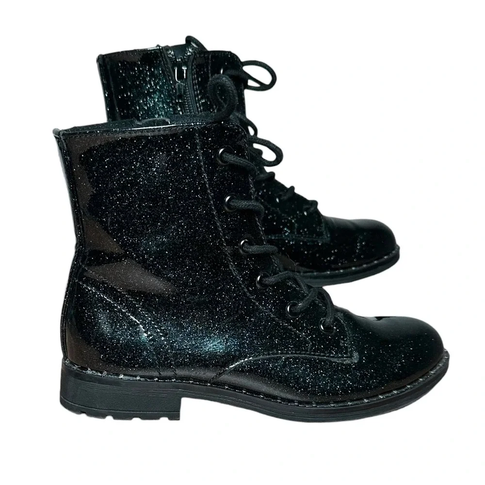 Jellypop Girls‎ Punky Black Green Glitter Patent Combat Boots Size 3M Side Zip